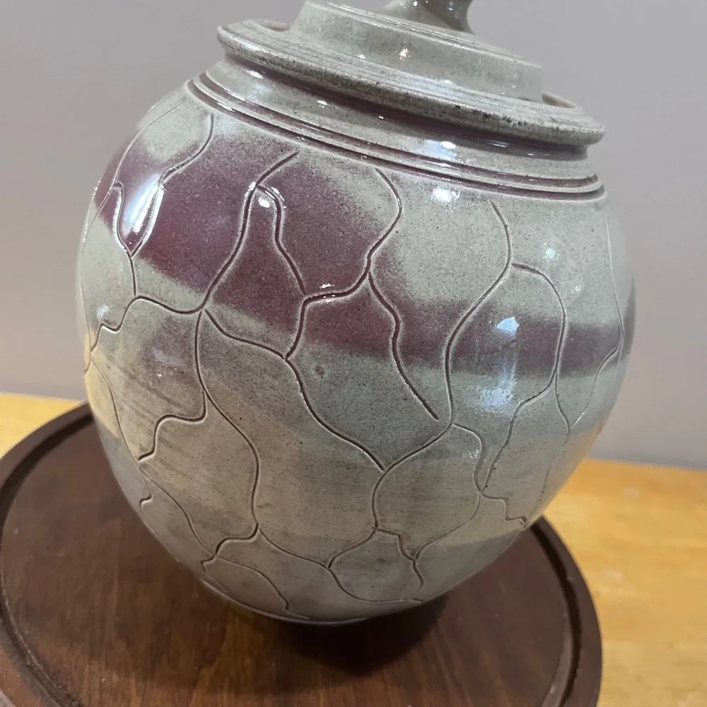 Vtg 1991 Loy Carpenter Studio Pottery Lidded Ginger Jar Gray Plum Postmodern Art